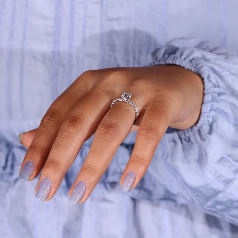 Marquise Pave Round Lab Grown Diamond Engagement Ring, Hidden Halo vy 7