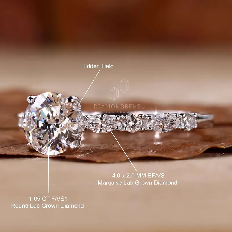 Marquise Pave Round Lab Grown Diamond Engagement Ring, Hidden Halo vy 9