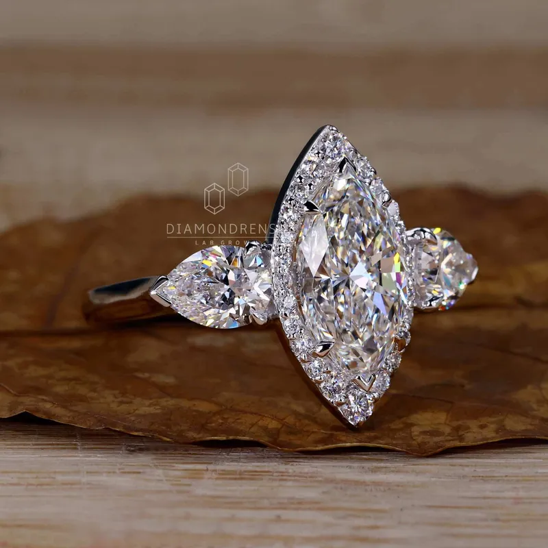 Marquise and Pear Cut Lab Grown Diamond Three Stone Engagement Ring vy 2