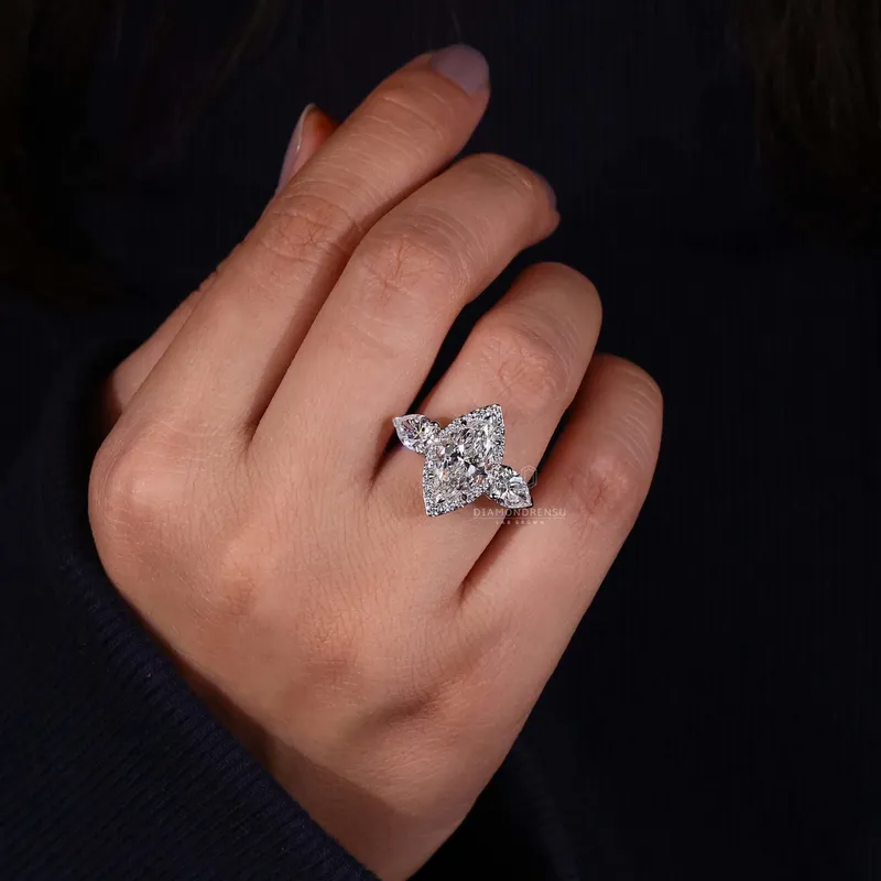 Marquise and Pear Cut Lab Grown Diamond Three Stone Engagement Ring vy 7