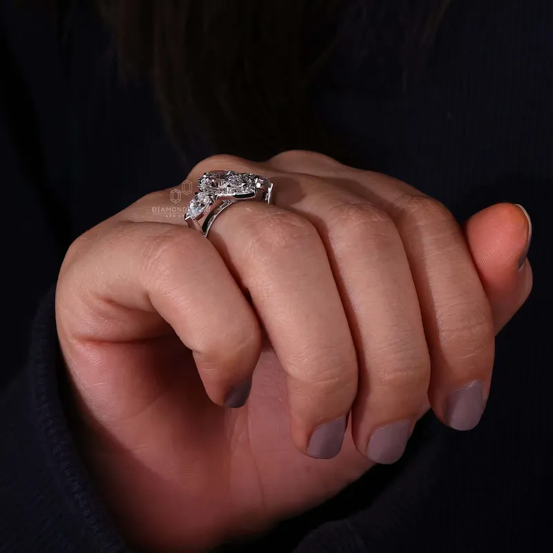Marquise and Pear Cut Lab Grown Diamond Three Stone Engagement Ring vy 8