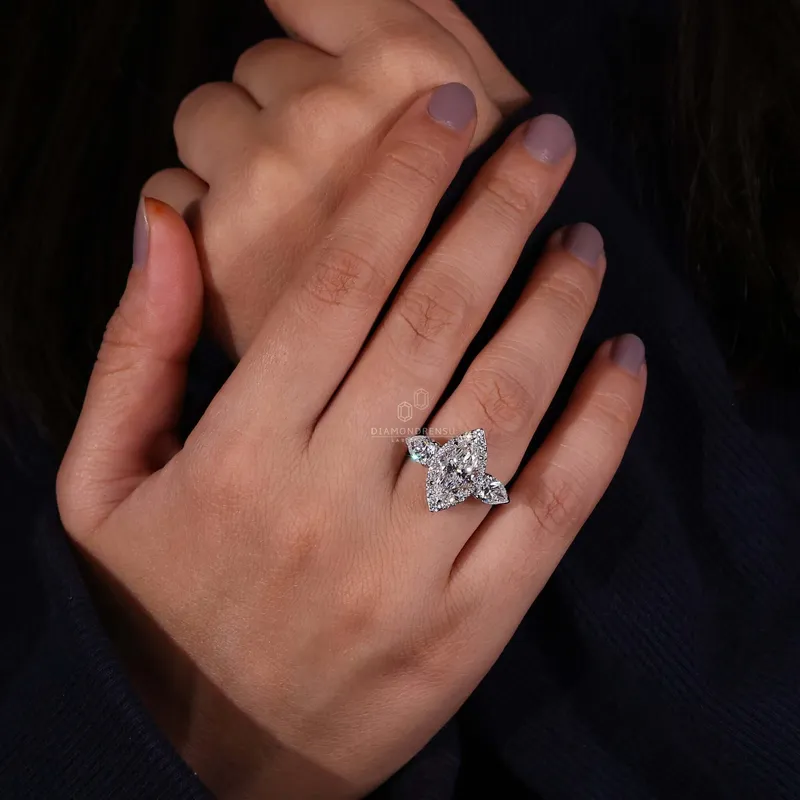 Marquise and Pear Cut Lab Grown Diamond Three Stone Engagement Ring vy 3