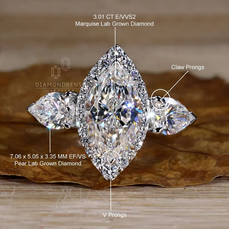 Marquise and Pear Cut Lab Grown Diamond Three Stone Engagement Ring vy 9