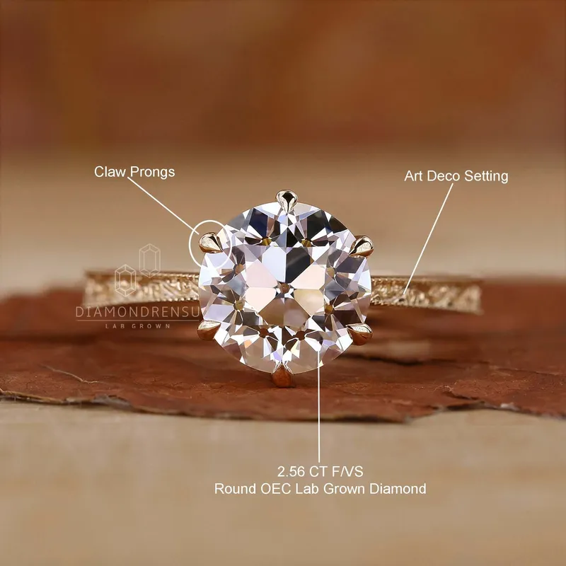 Old European Cut Lab Grown Diamond Art Deco Vintage Engagement Ring view 9