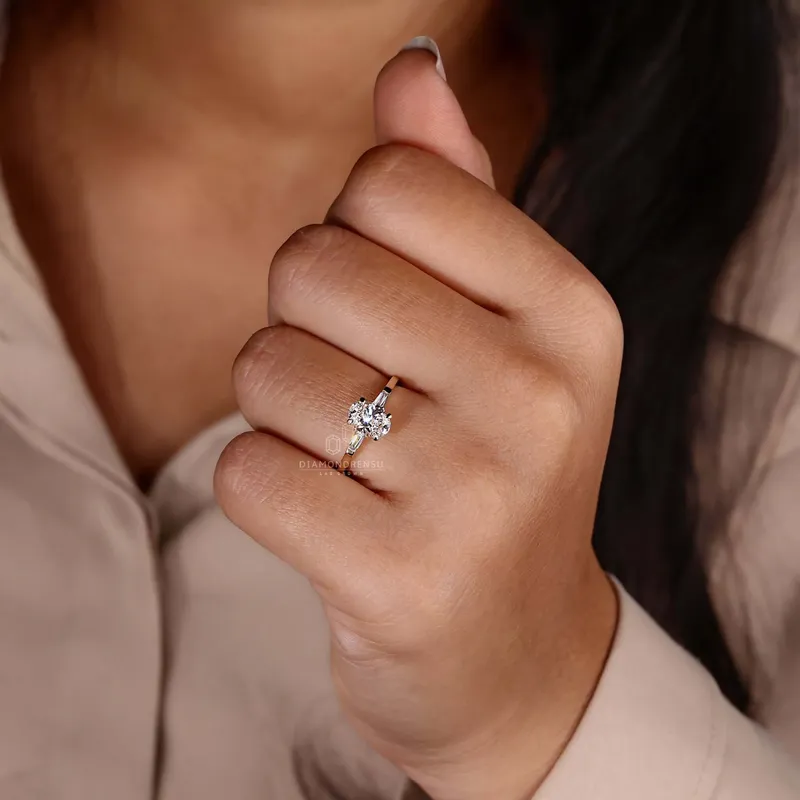 Oval Diamond Engagement Ring, Side Baguette Three Stone Ring view 4