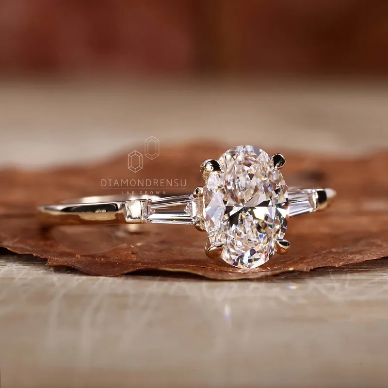 Oval Diamond Engagement Ring, Side Baguette Three Stone Ring view 5