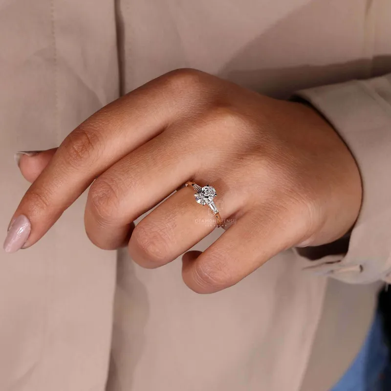 Oval Diamond Engagement Ring, Side Baguette Three Stone Ring view 7