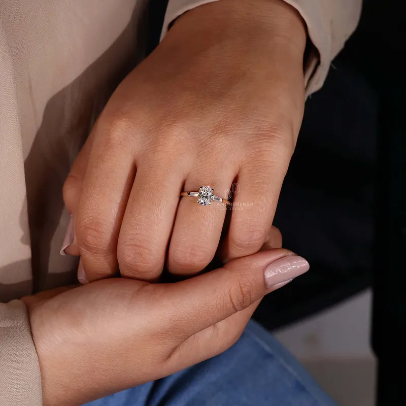 Oval Diamond Engagement Ring, Side Baguette Three Stone Ring view 2