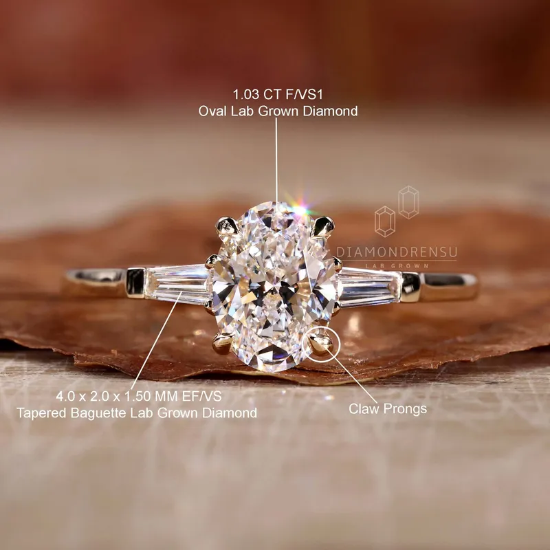 Oval Diamond Engagement Ring, Side Baguette Three Stone Ring view 9