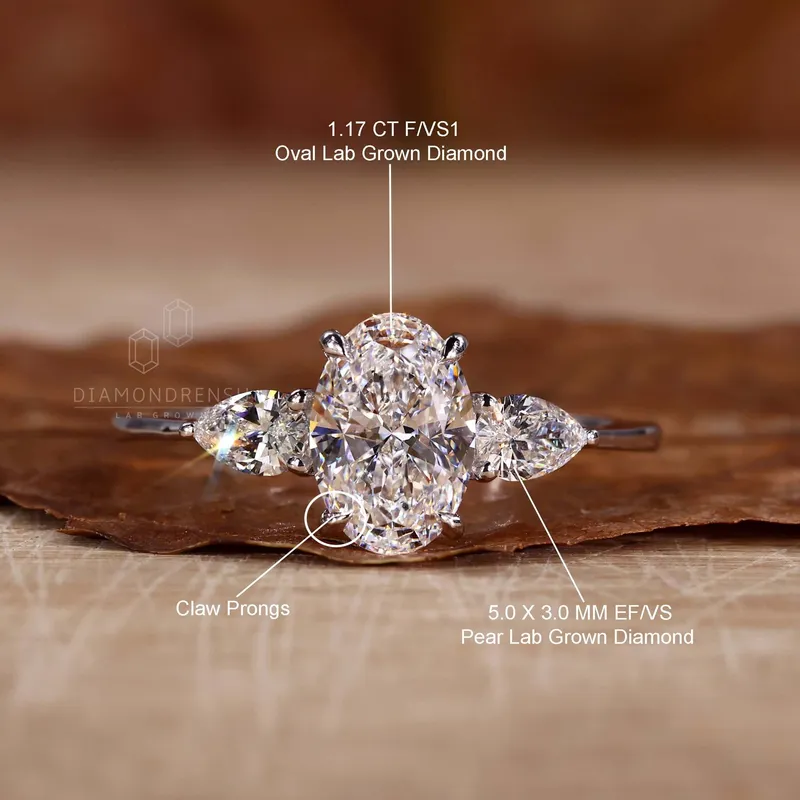 Oval Diamond Engagement Ring, Three Stone Lab Grown Diamond Ring vy 10