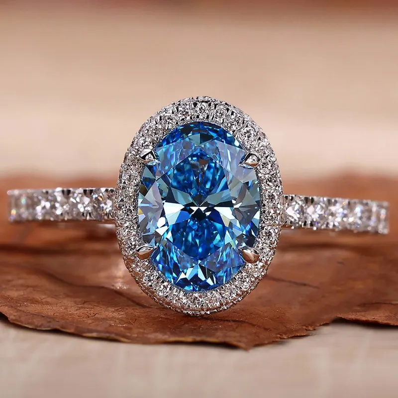 Oval Halo Engagement Ring with Blue Lab Grown Diamond IGI Certified blue oval cut engagement ring