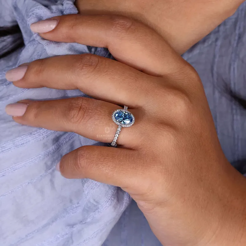 Oval Halo Engagement Ring with Blue Lab Grown Diamond IGI Certified view 2