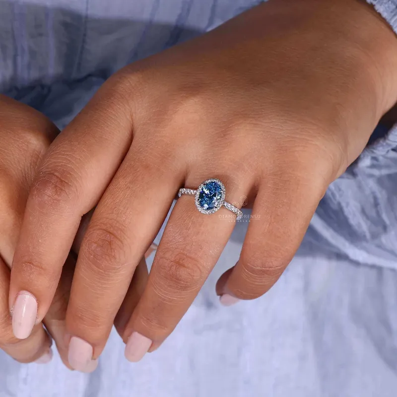 Oval Halo Engagement Ring with Blue Lab Grown Diamond IGI Certified view 5