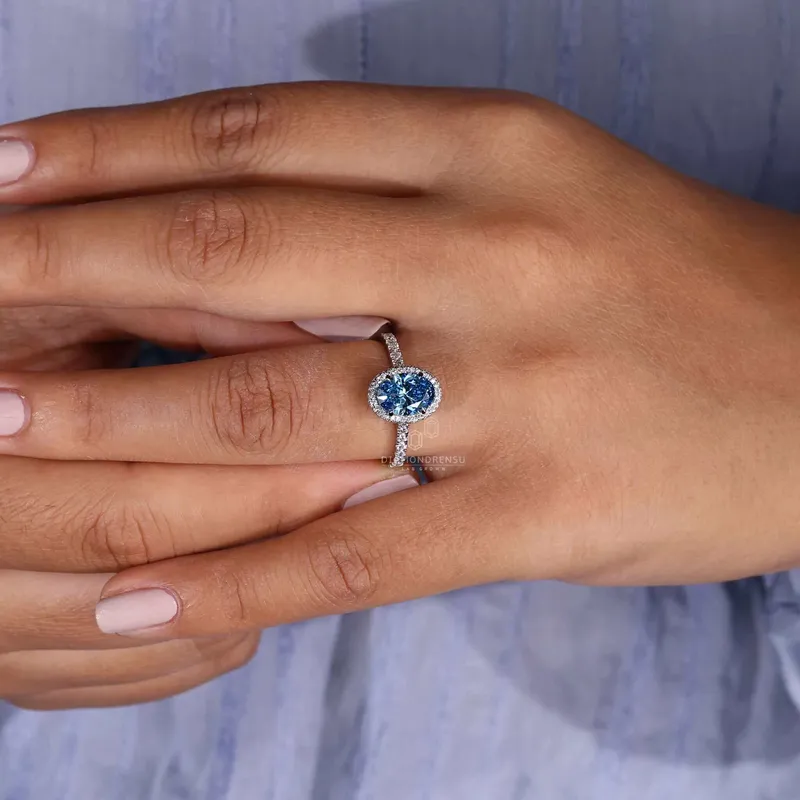 Oval Halo Engagement Ring with Blue Lab Grown Diamond IGI Certified view 6