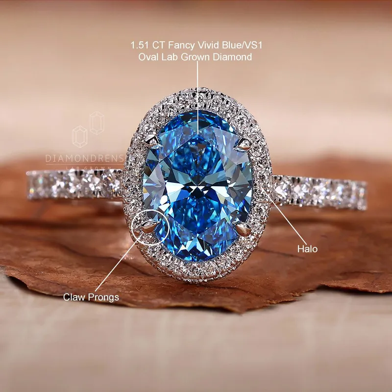Oval Halo Engagement Ring with Blue Lab Grown Diamond IGI Certified view 9