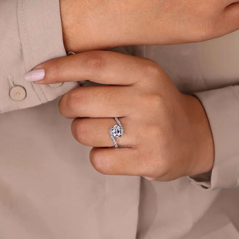 Oval Lab Grown Diamond Ring, East to West Bypass Pave Engagement Ring vy 2
