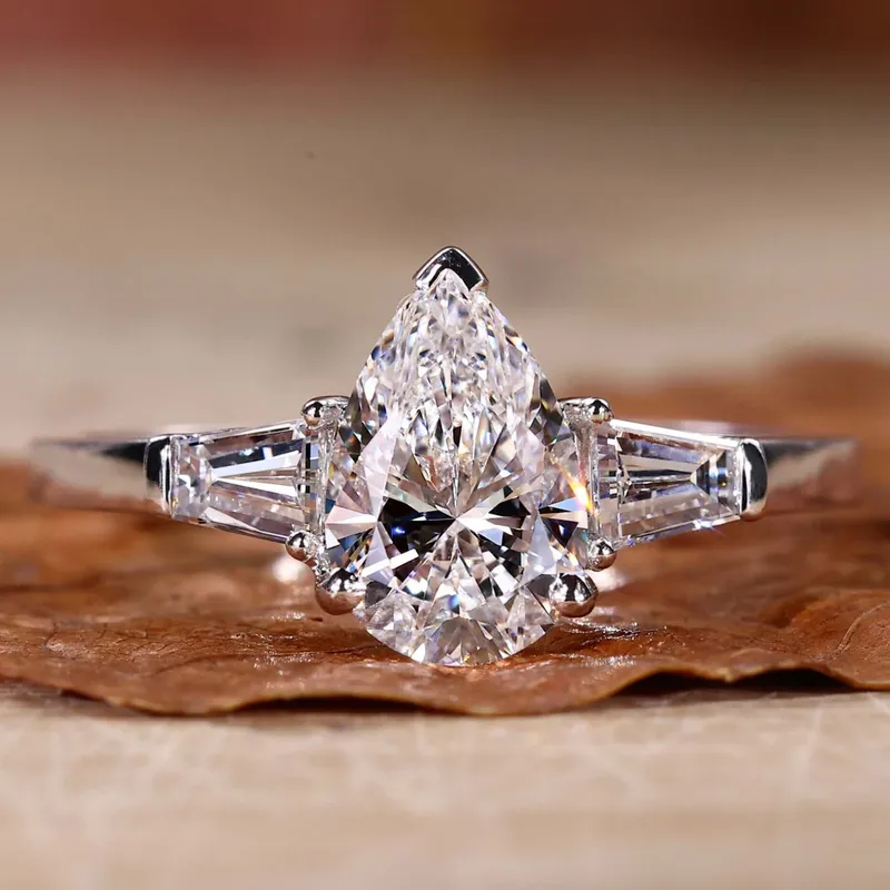 Pear Shaped Lab Grown Diamond Three Stones Engagement Ring pear cut engagement ring