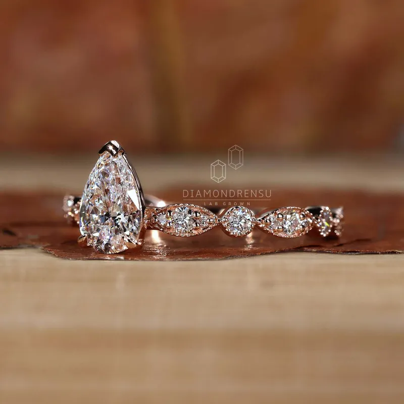 Pear Shaped Lab Grown Diamond Vintage Style Engagement Ring view 2