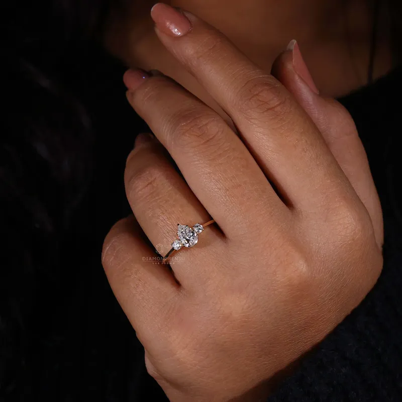 Pear and Round Three Stone Lab Grown Diamond Engagement Ring vy 7