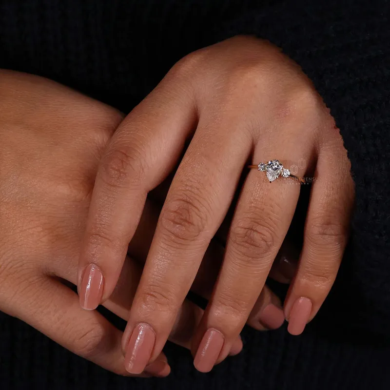 Pear and Round Three Stone Lab Grown Diamond Engagement Ring vy 4