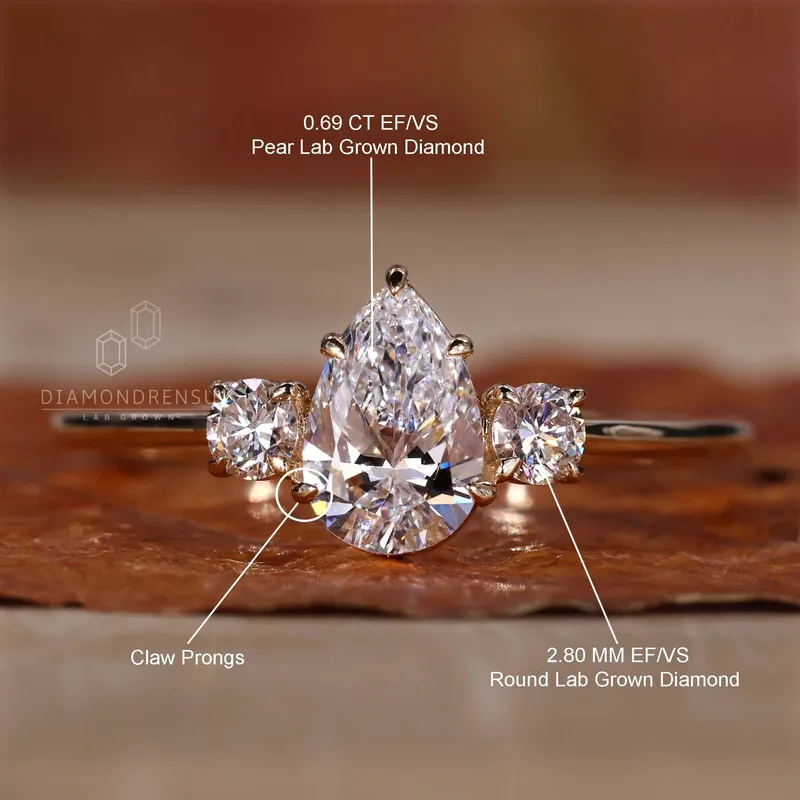 Pear and Round Three Stone Lab Grown Diamond Engagement Ring vy 9