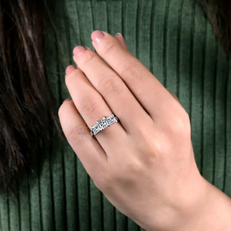 Princess Cut Three Stones Engagement Ring, 2.70 TCW G/VS Lab Created Diamond Engagement Ring, Anniversary Gift Ring vy 8