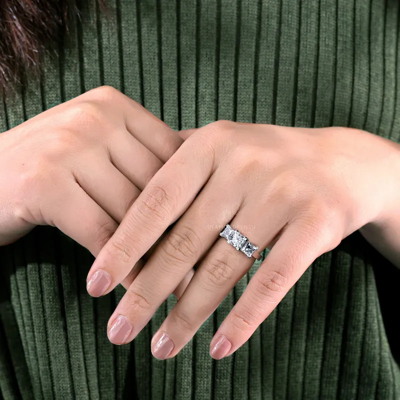 Princess Cut Three Stones Engagement Ring, 2.70 TCW G/VS Lab Created Diamond Engagement Ring, Anniversary Gift Ring vy 3