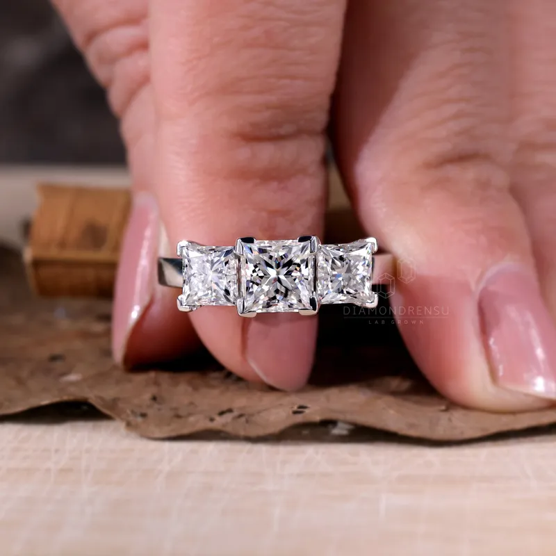 Princess Cut Three Stones Engagement Ring, 2.70 TCW G/VS Lab Created Diamond Engagement Ring, Anniversary Gift Ring vy 5
