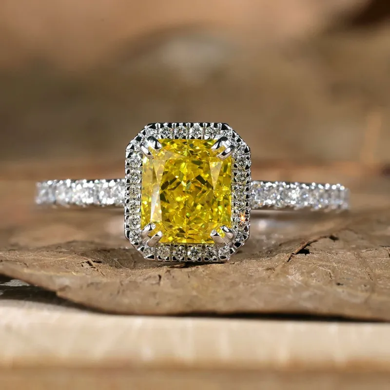 Radiant Cut Vivid Yellow Lab Created Diamond Ring, 1.59 TCW Lab Grown Diamond Halo Engagement Ring round cut engagement ring