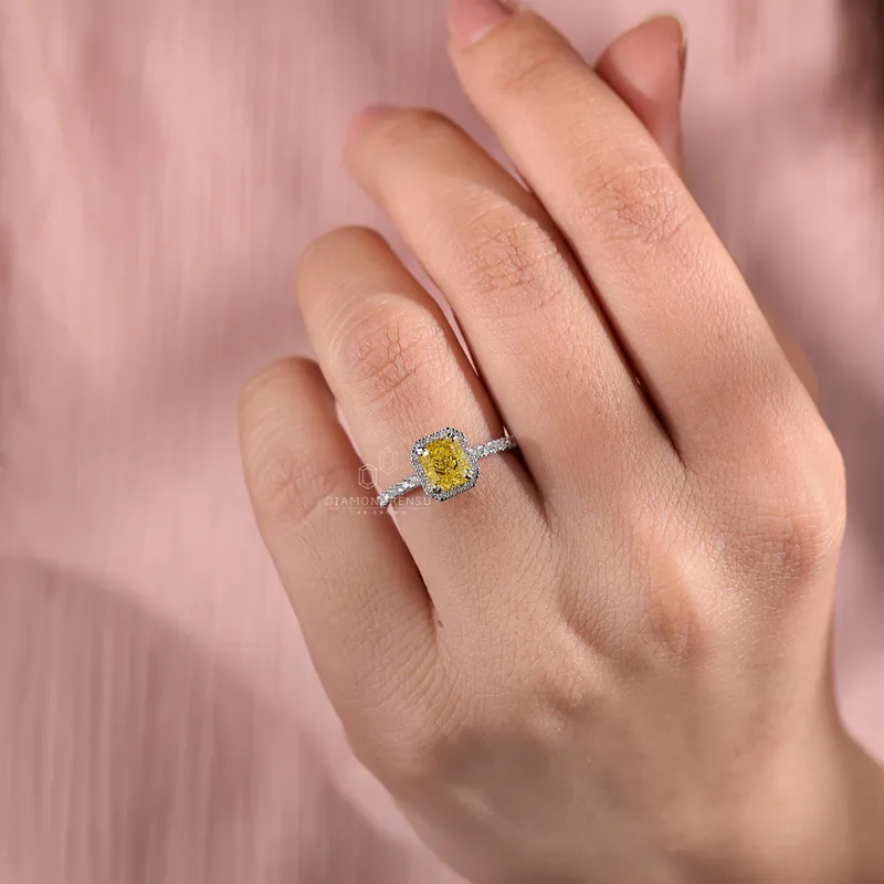 Radiant Cut Vivid Yellow Lab Created Diamond Ring, 1.59 TCW Lab Grown Diamond Halo Engagement Ring view 7