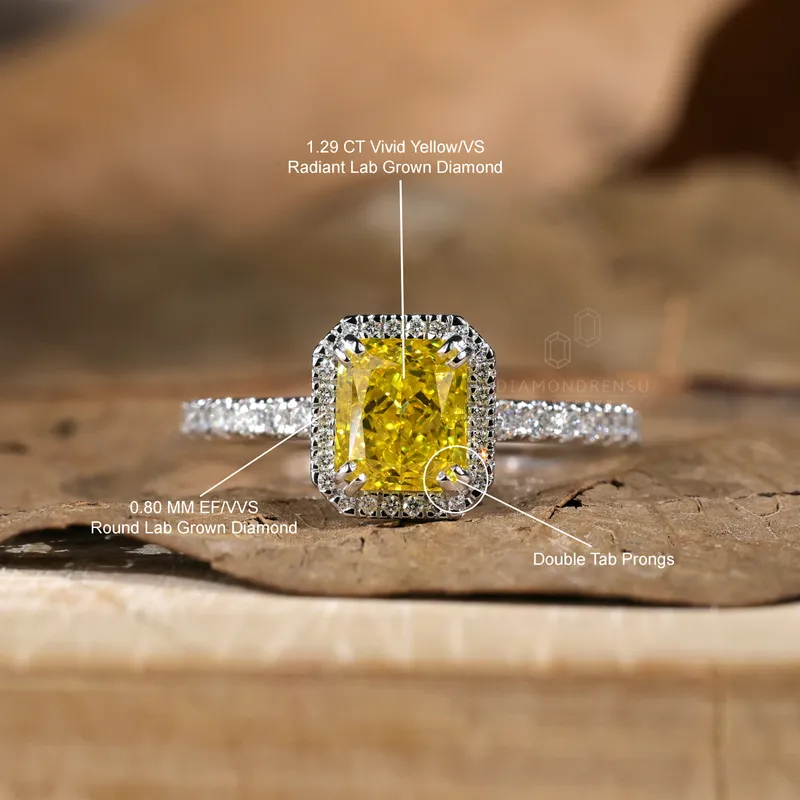 Radiant Cut Vivid Yellow Lab Created Diamond Ring, 1.59 TCW Lab Grown Diamond Halo Engagement Ring view 9