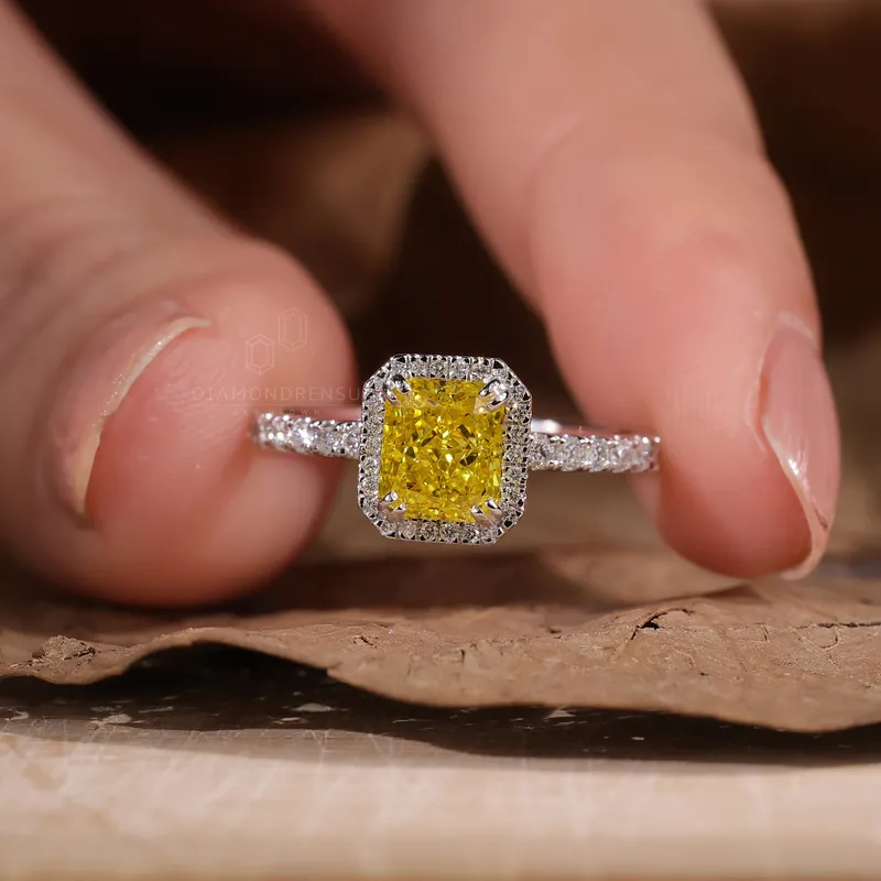 Radiant Cut Vivid Yellow Lab Created Diamond Ring, 1.59 TCW Lab Grown Diamond Halo Engagement Ring view 4