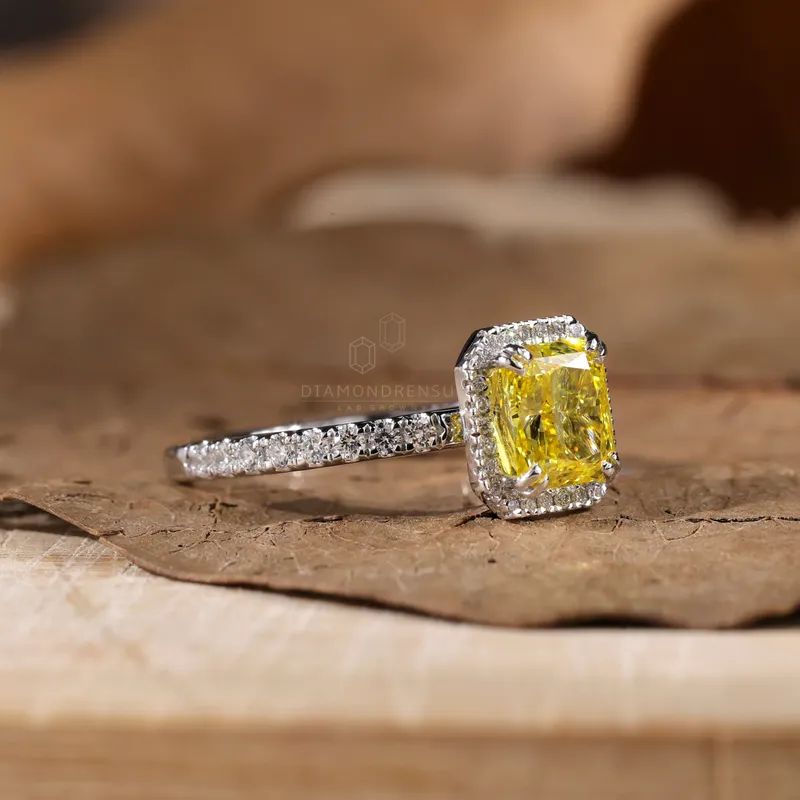 Radiant Cut Vivid Yellow Lab Created Diamond Ring, 1.59 TCW Lab Grown Diamond Halo Engagement Ring view 5