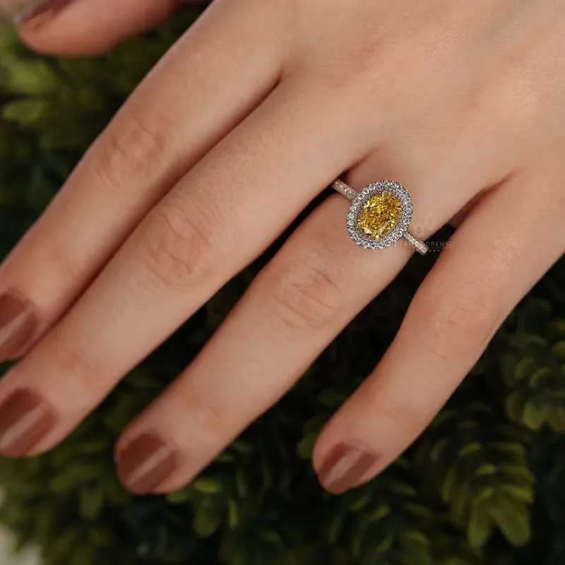 Rare 1.01 CT Oval Cut Fancy Yellow Lab Grown Diamond Halo Engagement Ring vy 2