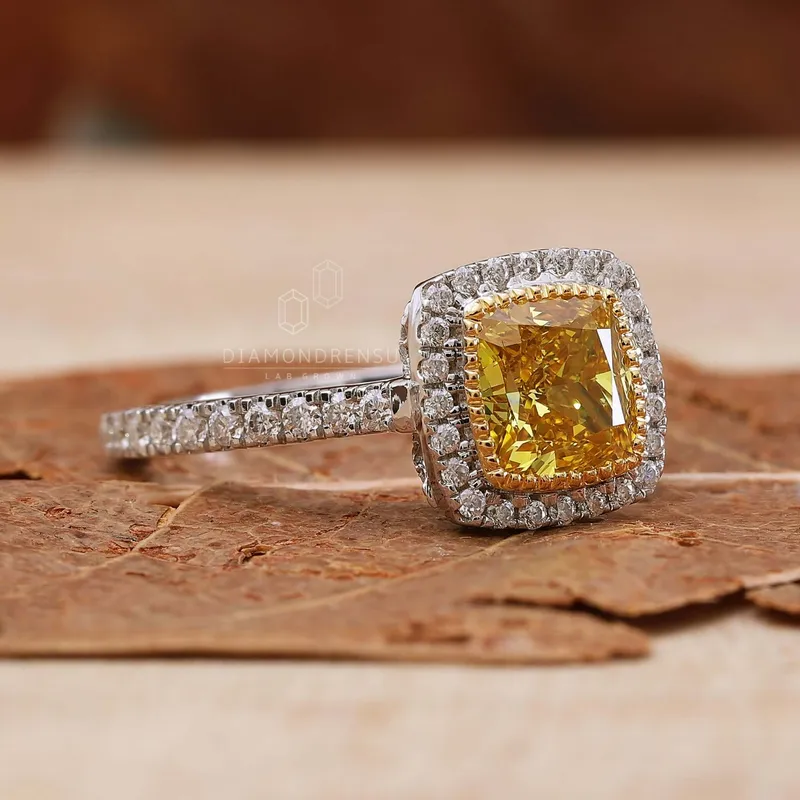 Rare 1.28 CT Cushion Cut Intense Yellow Lab Grown Diamond Halo Engagement Ring vy 3