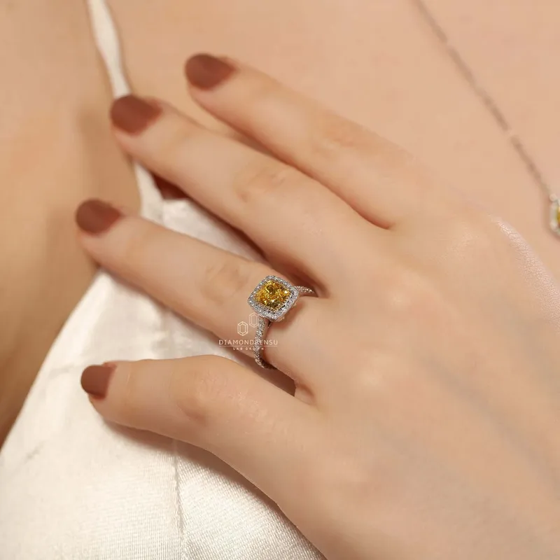 Rare 1.28 CT Cushion Cut Intense Yellow Lab Grown Diamond Halo Engagement Ring vy 2