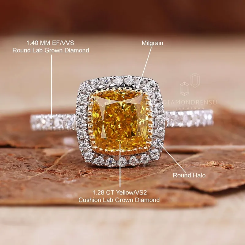 Rare 1.28 CT Cushion Cut Intense Yellow Lab Grown Diamond Halo Engagement Ring vy 9