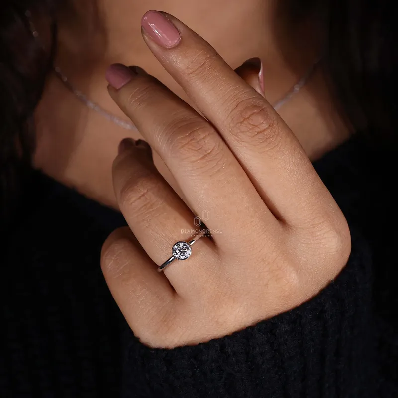 Round Bezel Set Engagement Ring, Lab Grown Diamond Ring view 7