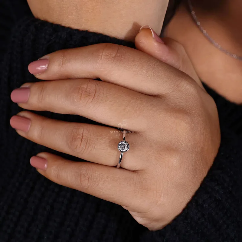 Round Bezel Set Engagement Ring, Lab Grown Diamond Ring view 8