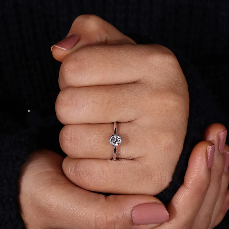 Round Bezel Set Engagement Ring, Lab Grown Diamond Ring view 2
