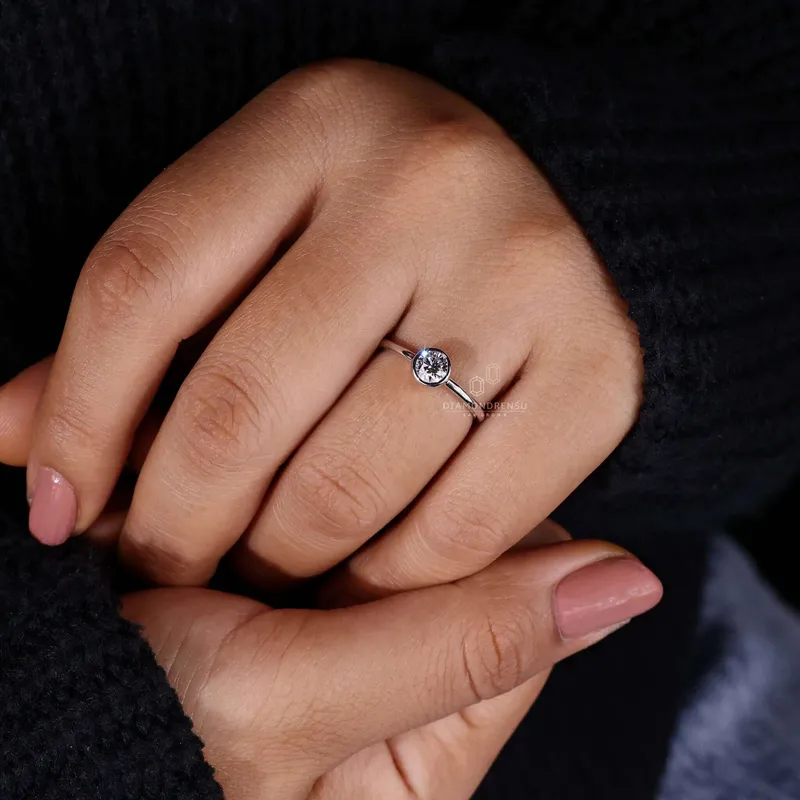 Round Bezel Set Engagement Ring, Lab Grown Diamond Ring view 4