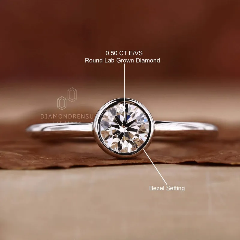 Round Bezel Set Engagement Ring, Lab Grown Diamond Ring view 9