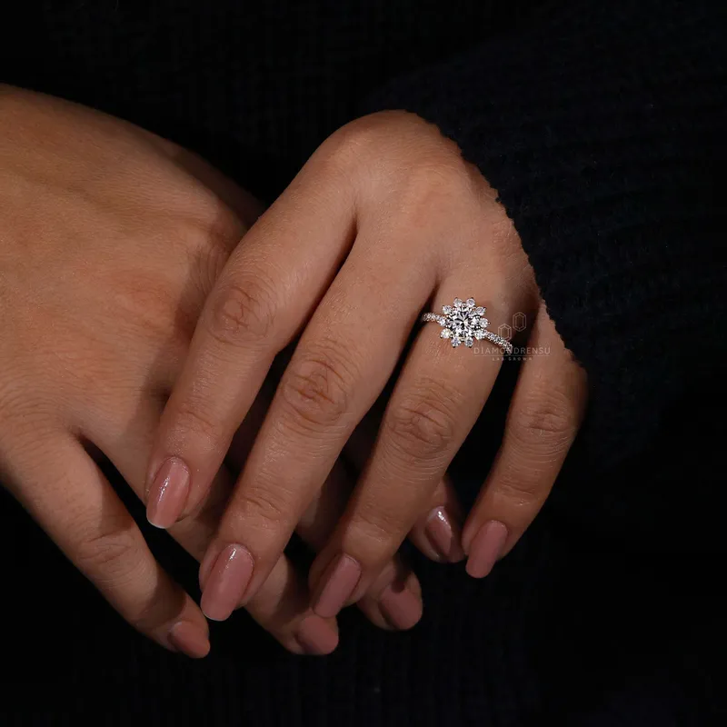 Round Cut Lab Grown Diamond Cluster Halo Engagement Ring view 4