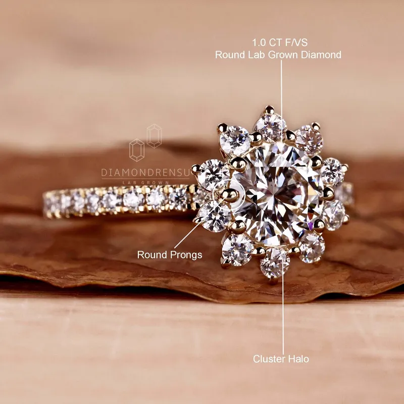 Round Cut Lab Grown Diamond Cluster Halo Engagement Ring view 9