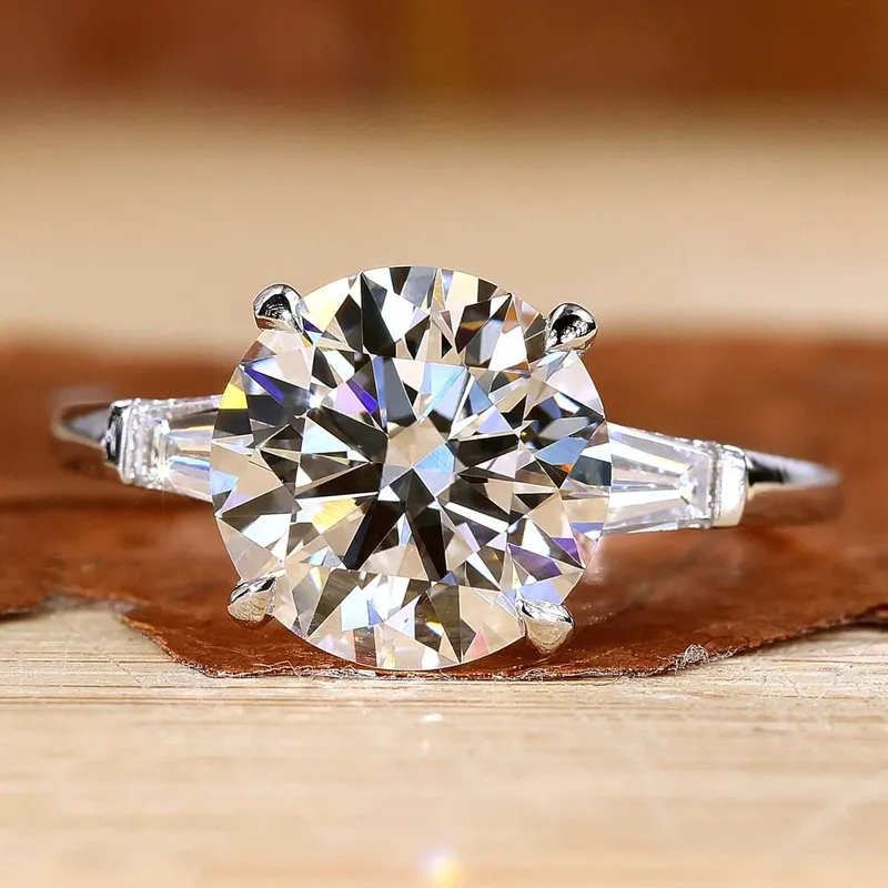 Round Cut Lab Grown Diamond Three Stone Engagement Ring round cut engagement ring