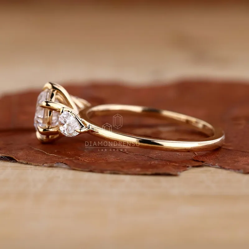 Round Diamond with Pear Side Stones Ring - Unique Charm view 2