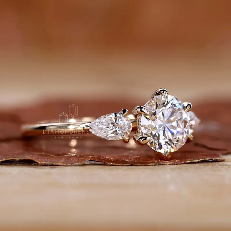 Round Diamond with Pear Side Stones Ring - Unique Charm view 3