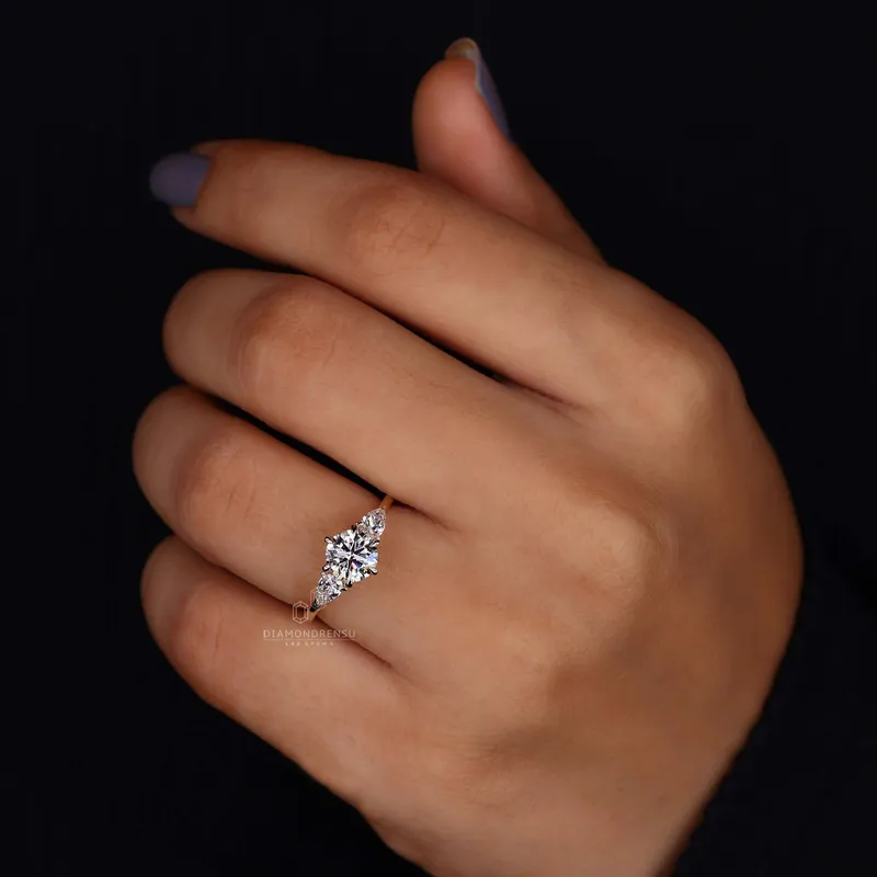 Round Diamond with Pear Side Stones Ring - Unique Charm view 6
