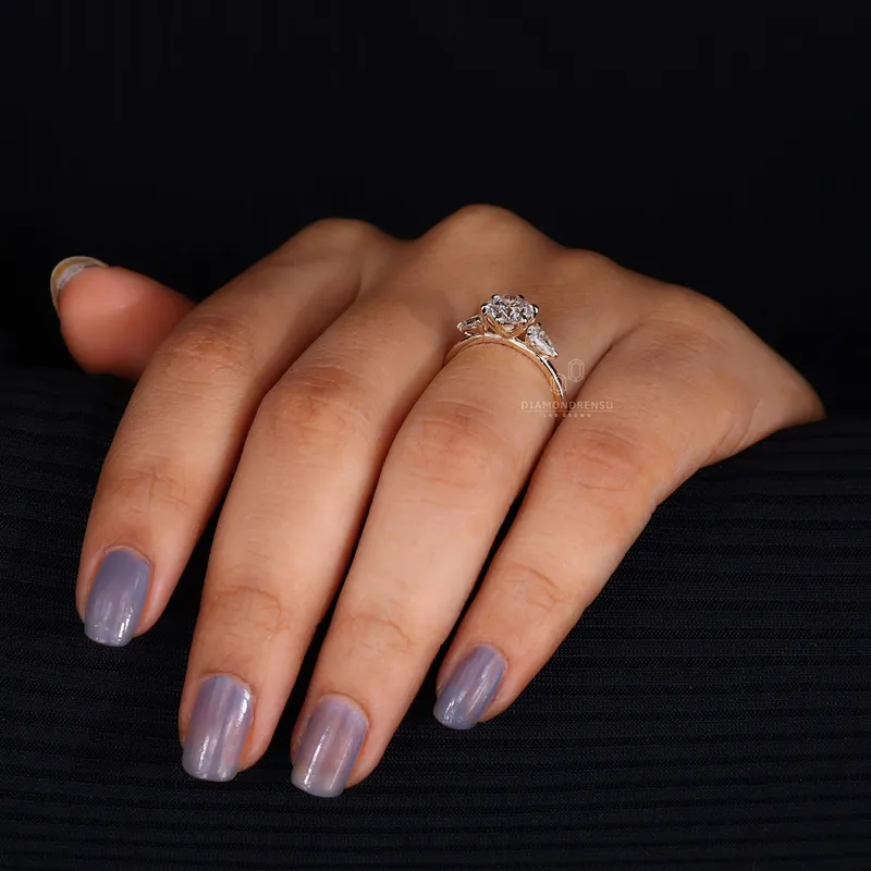 Round Diamond with Pear Side Stones Ring - Unique Charm view 7