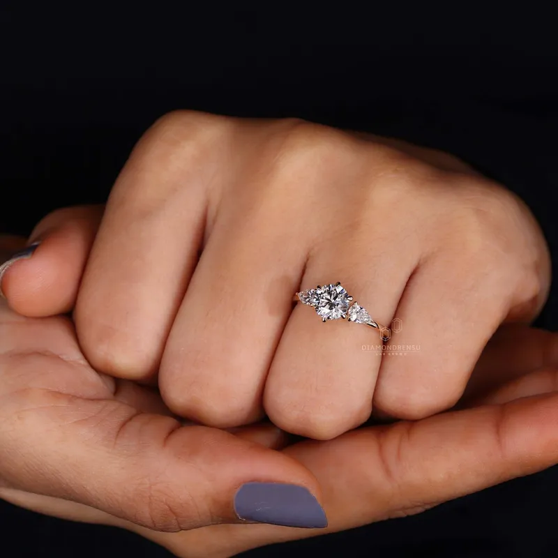 Round Diamond with Pear Side Stones Ring - Unique Charm view 4